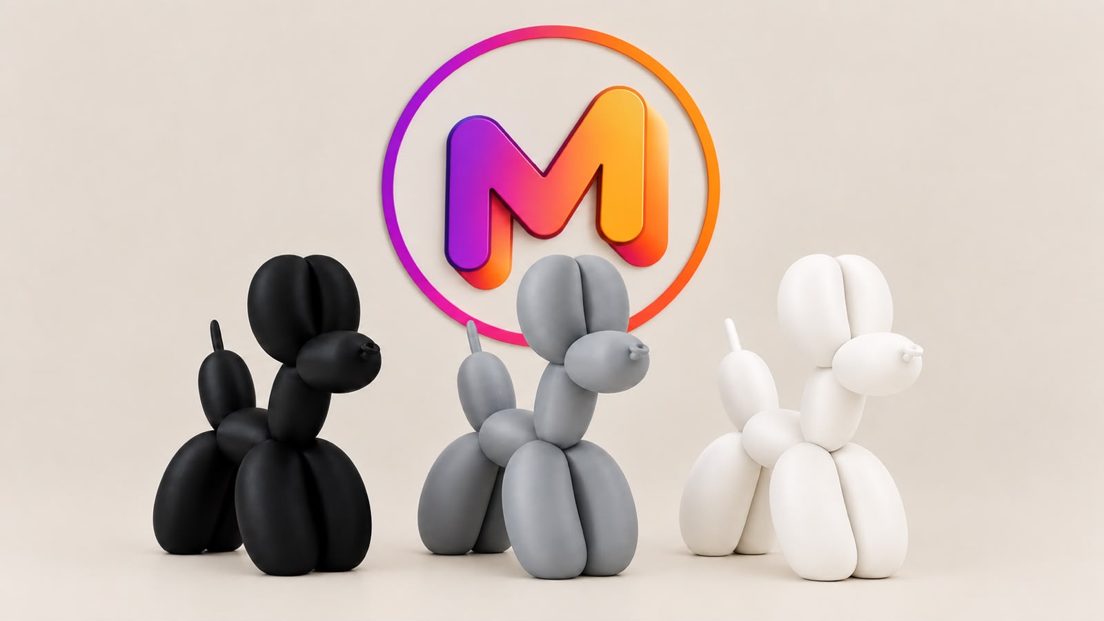 Tres perros globo en negro, gris y blanco frente al logo de 3DMAAM